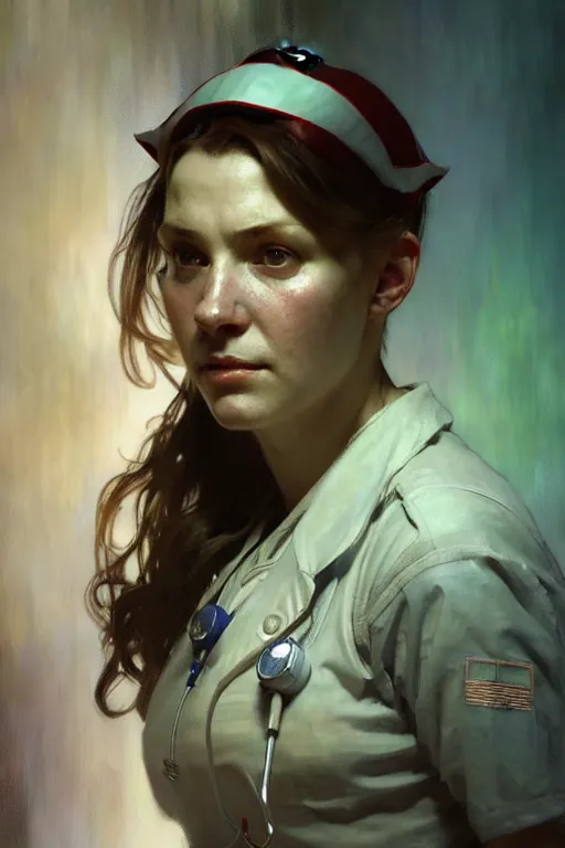 Image similar to hyperrealist portrait of a ww 2 female nurse by jeremy mann and alphonse mucha, fantasy art, photo realistic, dynamic lighting, artstation, poster, volumetric lighting, very detailed faces, 4 k, award winning