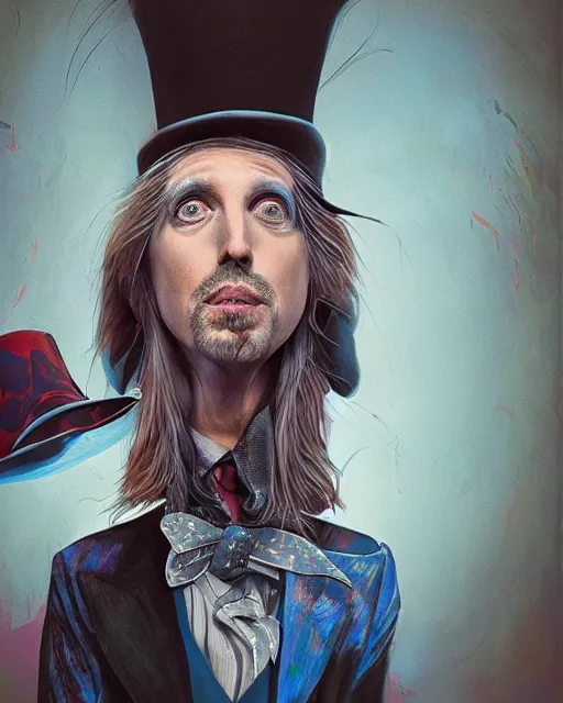 Image similar to tom petty as the mad hatter, contrast, kim jung gi, greg rutkowski, zabrocki, karlkka, jayison devadas, trending on artstation, 8 k, ultra wide angle, zenith view, pincushion lens effect