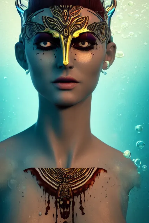 Image similar to a centered full body render of an alluring goddess wearing a tribal mask surrounded by a underwater ink pour and flowing liquid galiumand sacread geometry, perfect face, powerful, cinematic, beautifully lit, by leticia gillett, by viktoria gavrilenko, 3 d, trending on artstation, octane render, 8 k