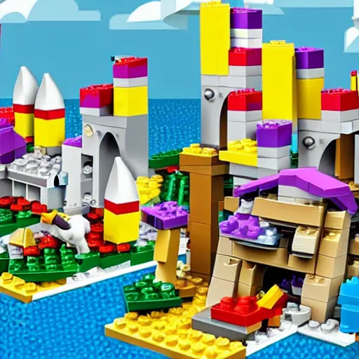 Image similar to unicorns drop giant blocks of cheese on lego city