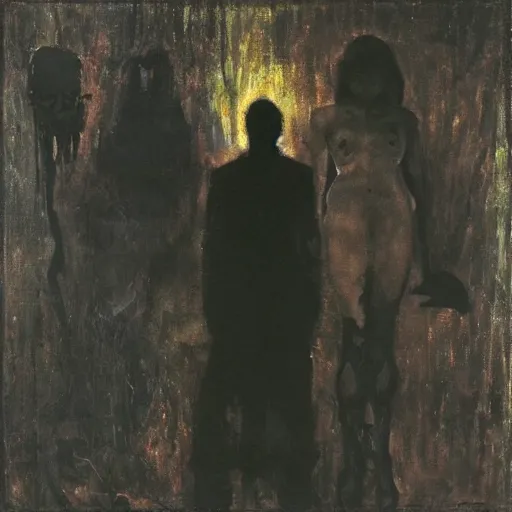 Image similar to by george luks, by vytautas kairiukstis formicapunk, myspace. a beautiful collage of a small figure standing in the center of a dark, foreboding landscape. the figure is surrounded by strange, monstrous creatures, & there is a feeling of unease & dread.