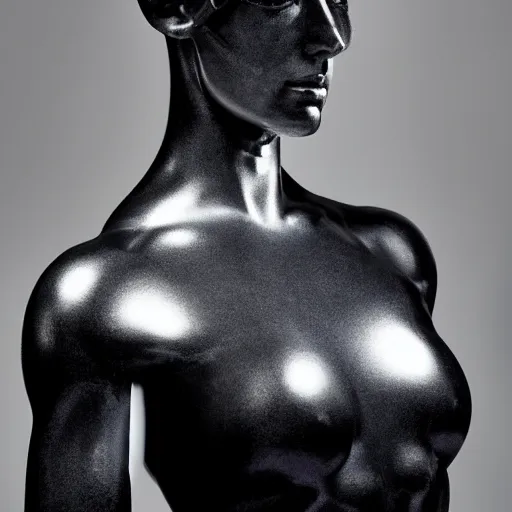 Image similar to a head and shoulders portrait of a female cyborg in her 20s, sculpture made of marble and aluminum, studio photography, cyberpunk lighting