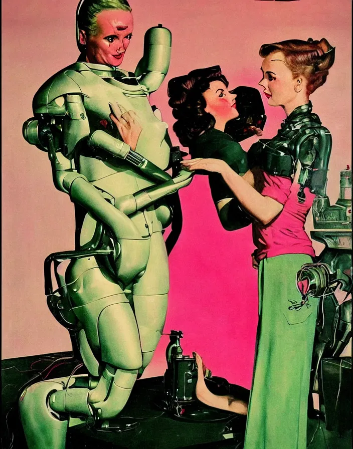 Prompt: a female housewife being consoled and caressed by a bionic robot in a suit, 1 9 5 0 s horror film movie poster style, ( norman rockwell oil painting ), retro science fiction, vintage, saturated pink and green lighting, shadowy lighting