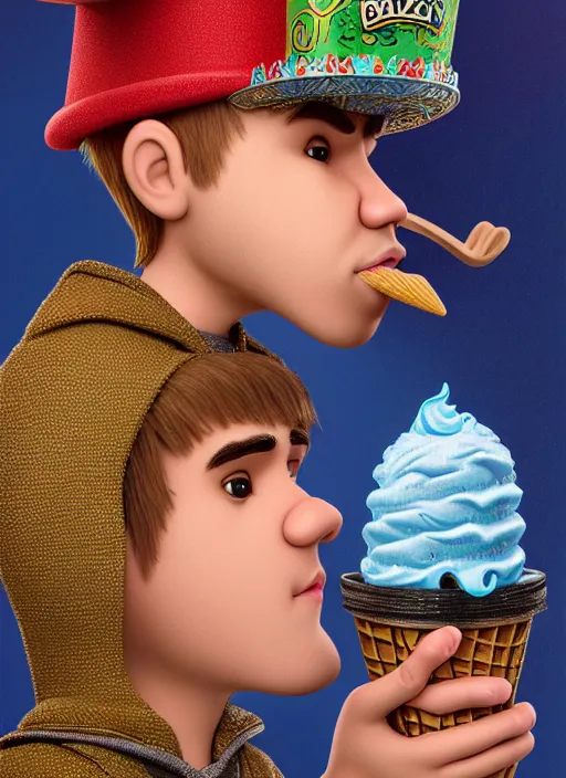 Image similar to highly detailed closeup, face profile portrait of justin bieber as a tin toy fairy - tale wizard wearing a sombrero eating ice cream, unreal engine, nicoletta ceccoli, mark ryden, earl norem, lostfish, global illumination, detailed and intricate environment