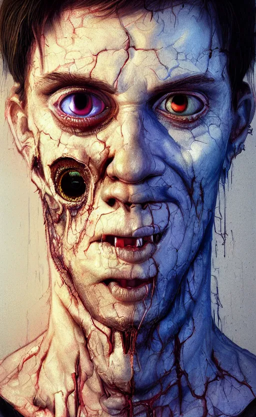 Image similar to upper half portrait of a man with spiral eyes and zombie features drooling - inside of a distorted with 3 d eyes all around him - in drew struzan movie poster style, art by drew struzan & hsiao - ron cheng, highly detailed, digital painting, ray tracing, illustration, smooth, sharp focus, intricate, symmetry, artstation,