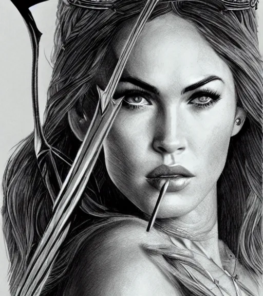 Image similar to portrait of megan fox as beautiful aphrodite goddess as an archer, arrow crown, beautiful piercing eyes, flowing blonde hair, realistic face, black and white drawing, in the style of greg rutkowski, fantasy, amazing detail, epic, intricate, elegant, smooth, sharp focus