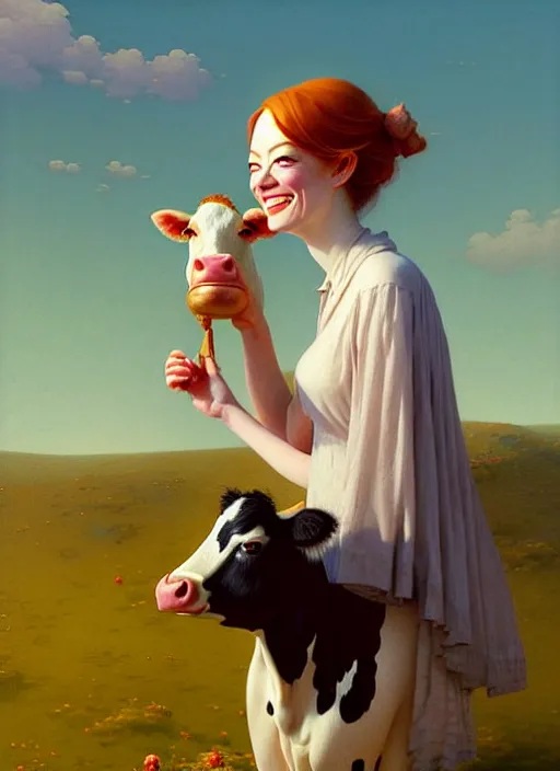 Image similar to hyper detailed 3 d render like a oil painting - cute portrait of emma stone with a smiling cow looking over her shoulder by ryden, kawase hasui, dorothea tanning, edward hopper and james gilleard, aivazovsky, beksinski, outram, artstation