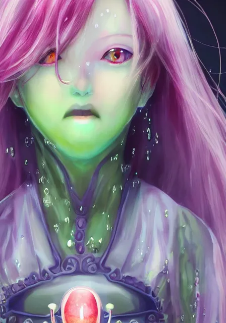 Prompt: beautiful portrait of a slime woman's face by aramaki shinji, amano yoshitaka, lilia alvarado, 8 k, urobuchi gen, hd, anime art