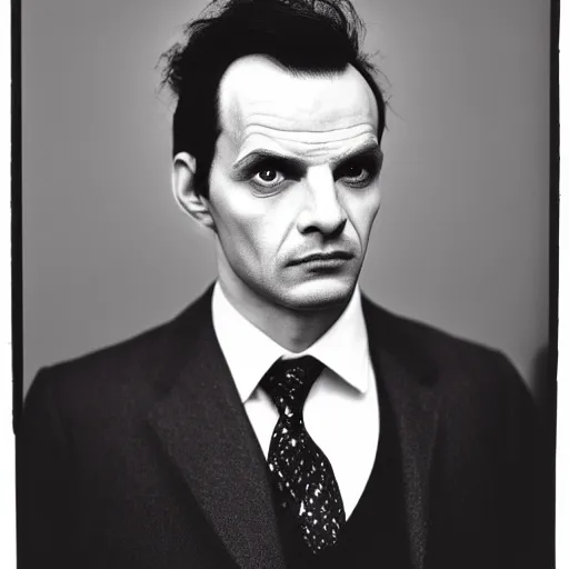 Prompt: Candid portrait photograph of Professor Moriarty, accurate face, correct face, symmetrical face, taken by Annie Leibovitz