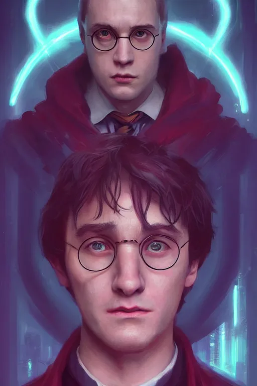 Image similar to Portrait of Harry Potter in cyberpunk, implants, neon cinematic lighting, digital art from artstation by Ruan Jia and Mandy Jurgens and Artgerm and william-adolphe bouguereau and Greg Rutkowski and Wayne Barlowe