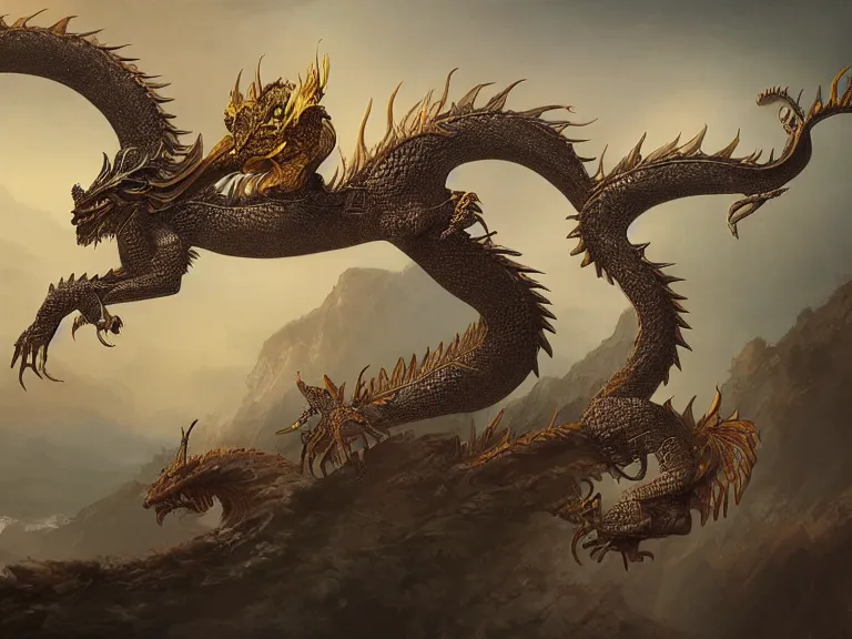Prompt: an 8k intricate digital concept illustration of majestic eastern dragon by kerem beyit, gerald brom, dan luvisi, kevin glint
