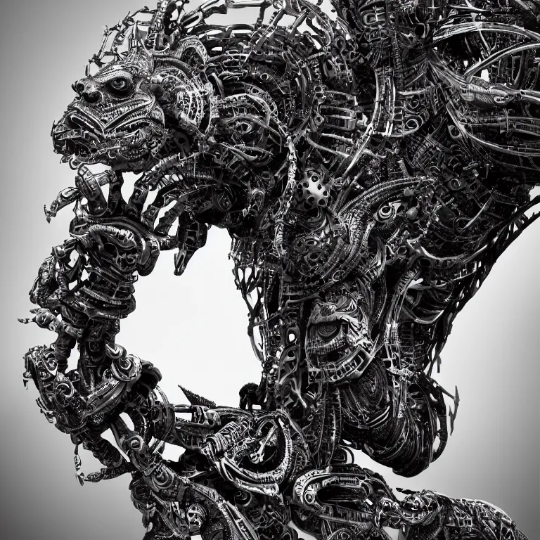 Image similar to surreal biomechanical spinal ribbed tribal exotic organic animal mechanical cyborg, beautiful detailed intricate insanely detailed BW 3D render digital art, octane render, 8K artistic photography, photorealistic