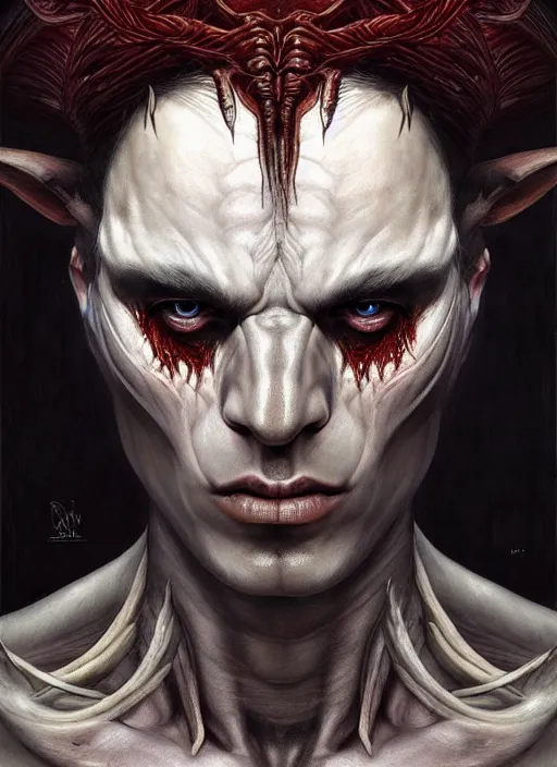 Image similar to half demon half human man intricate skin pattern texture, elegant, peaceful, playful full body, white horns, hyper realistic, extremely detailed, dnd character art portrait, dark fantasy art, intricate fantasy painting, dramatic lighting, vivid colors, deviant art, artstation, by edgar maxence and caravaggio and michael whelan and delacroix.