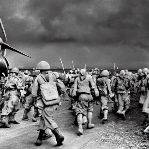 Prompt: shrek landing at d day, black and white world war 2 photograph historical