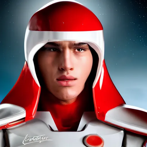 Image similar to headshot of a tall athletic muscular infantry man in glossy sleek white armor with tiny red details and a long red cape, heroic posture, strong jawline, on the surface of mars, night time, dramatic lighting, cinematic, sci-fi, hyperrealistic