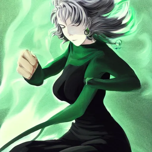 Image similar to painting of tatsumaki from one punch man, green wavy hair, black dress, cool color palette, refreshing, soft lighting, fine details, digital painting, pretty face, light and shadow effects, dynamic pose, by cushart krenz, by makoto shinkai