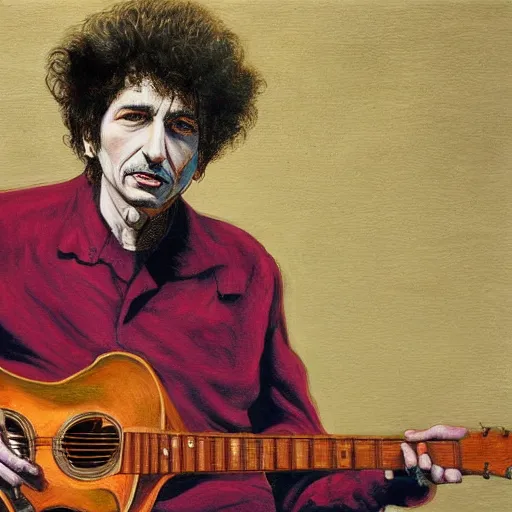 Image similar to portrait of bob dylan, painting by paula rego, high detail, high resolution