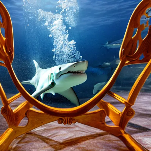 Image similar to a shark sitting in a chair reading a book underwater realistic hdr 8 k 3 5 mm