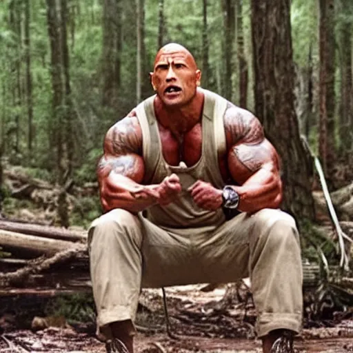 Image similar to film still of dwayne johnson as bubba gump in forest gump