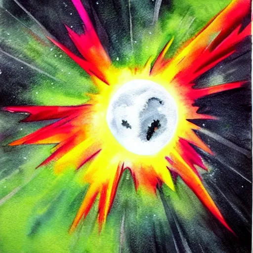 Prompt: an exploding sun near a green planet full of trees, watercolor painting, high energy, high contrast, vibrant colours