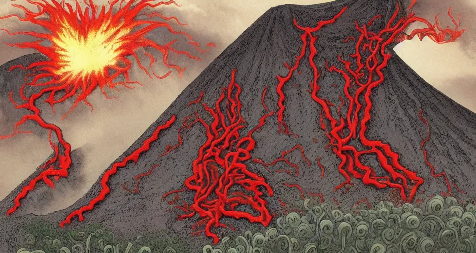 Prompt: a volcano made of ivory vines and crimson rocks enters in eruption, it spits a smoke in the shape of demonic eye, by H.P. Lovecraft