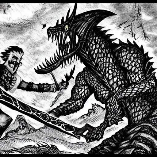 Prompt: dovahkiin stabs alduin the dragon with his ebony sword, slaying the beast. cartoon style.