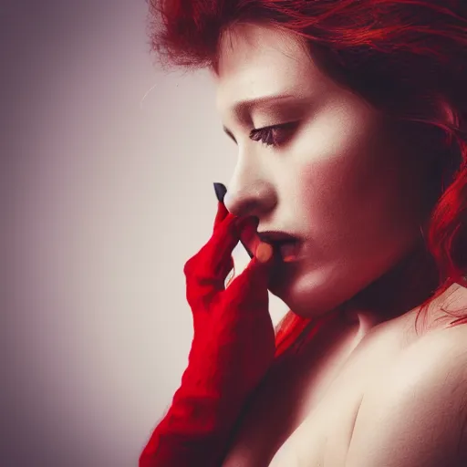 Image similar to photo of a woman. moody and melanchonic. with small amount of red and yellow