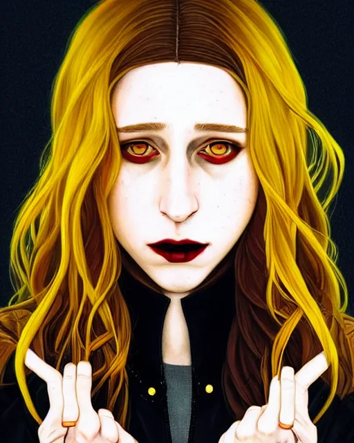 Image similar to in the style of Joshua Middleton and artgerm, beautiful evil vampire Taissa Farmiga sharp bloody vampire fangs open mouth, yellow eyes, symmetrical eyes, realistic face, symmetrical face, brown leather jacket, jeans, long black hair, full body, moody lighting