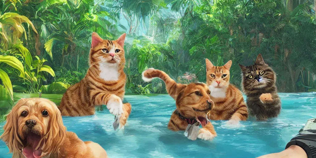 Image similar to cat and dog taking selfie in a swimming pool in the middle of the jungle, highly detailed, digital painting, artstation, concept art