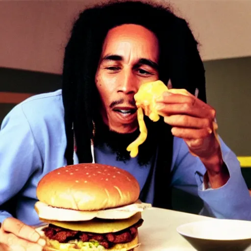 Image similar to Bob Marley eating a hamburger in McDonalds,4k quality