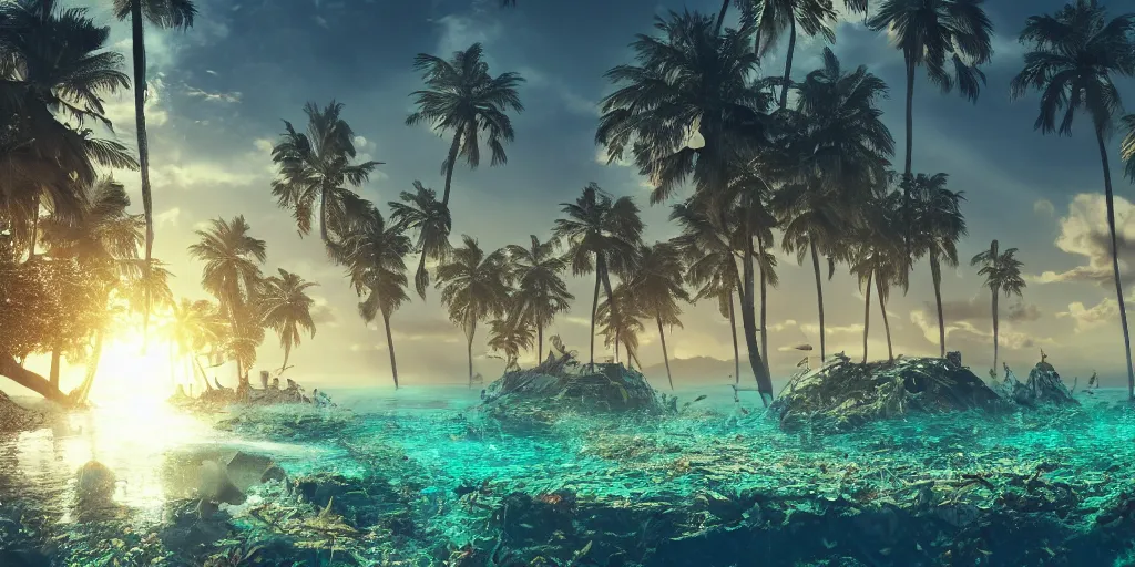 Image similar to under water sunken city with beach with palmtrees seaweed air bubbles, golden hour, caustics, shallow depth of field, moody lighting, 8 k, concept art,