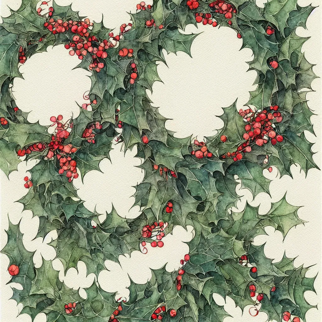 Image similar to realistic watercolor painting of one wreath of holly centered on a white background, detailed art by kay nielsen and walter crane, illustration style, watercolor