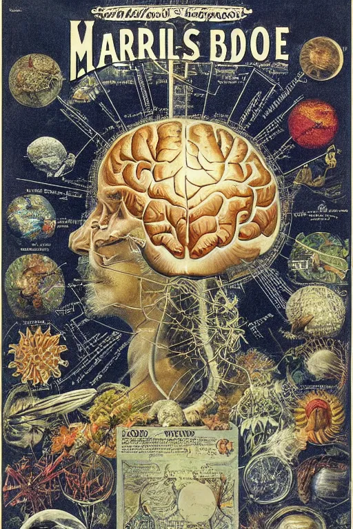 Prompt: vintage magazine advertisement depicting all of the knowledge in the world in one brain, by marius lewandowski, by ernst haeckel