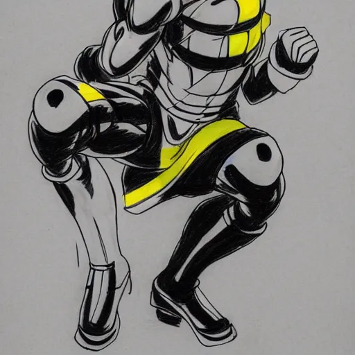 Image similar to a drawing of a cartoon character in yellow and black, concept art by Akira Toriyama, pixiv, neogeo, toonami, dynamic pose, official art