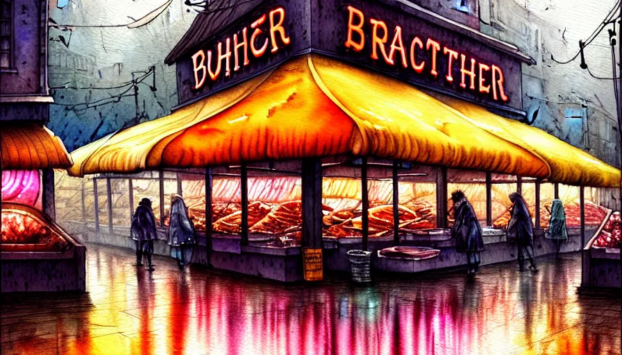 Image similar to watercolor painting of a butcher shop, raining, busy street, romantisism, outrun, pastel colors, painting, moody, detailed, by android jones