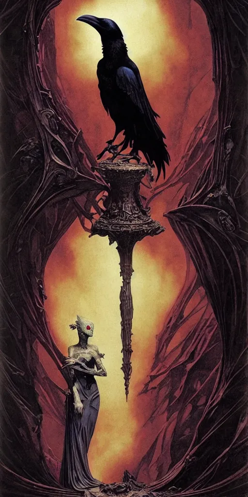 Image similar to raven perched on a bust of beautiful woman in a dark gothic room gothic, full frame, by wayne barlowe, peter mohrbacher, kelly mckernan, james o barr