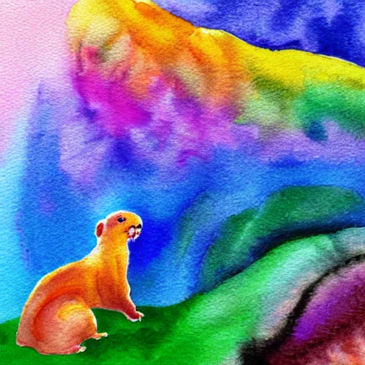 Image similar to rainbow impressionist in watercolor, ferrets playing