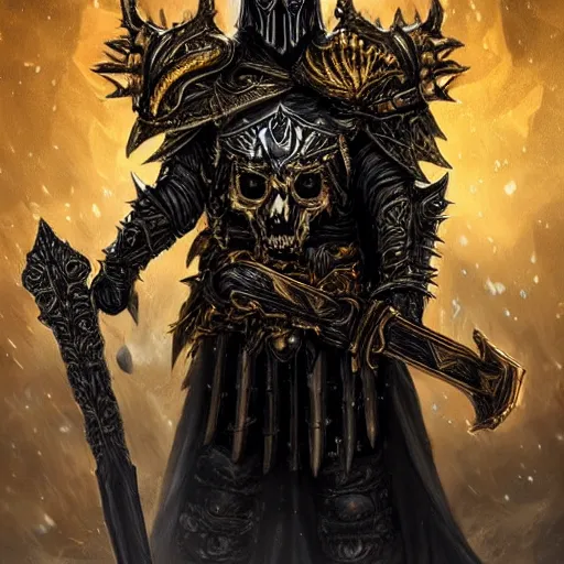 Prompt: lich king wearing black and gold armor with skulls and chains, holding a two handed sword with golden handle, wearing spiked crown helmet with skull mask concept art artstation