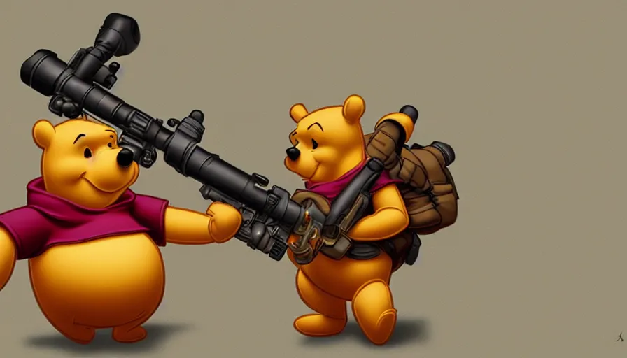 Prompt: Winnie the Pooh with a bazooka, hyperdetailed, artstation, cgsociety, 8k