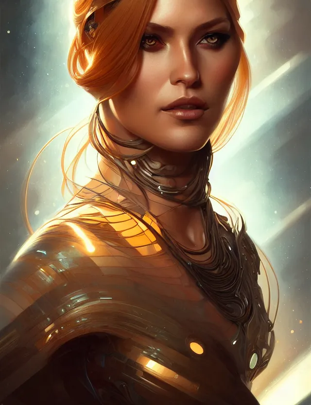 Image similar to futuristic woman portrait, sci-fi, amber eyes, face, long hair, fantasy, intricate, elegant, highly detailed, digital painting, artstation, concept art, smooth, sharp focus, illustration, art by artgerm and greg rutkowski and alphonse mucha