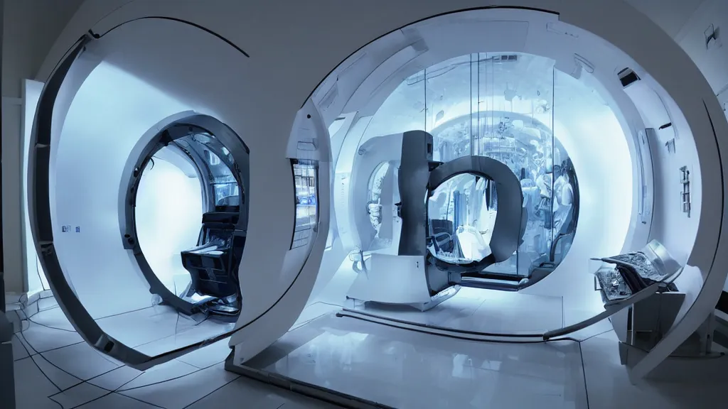 Image similar to an mri image open mri machine portal in the living room, film still from the movie directed by denis villeneuve with art direction by salvador dali, wide lens