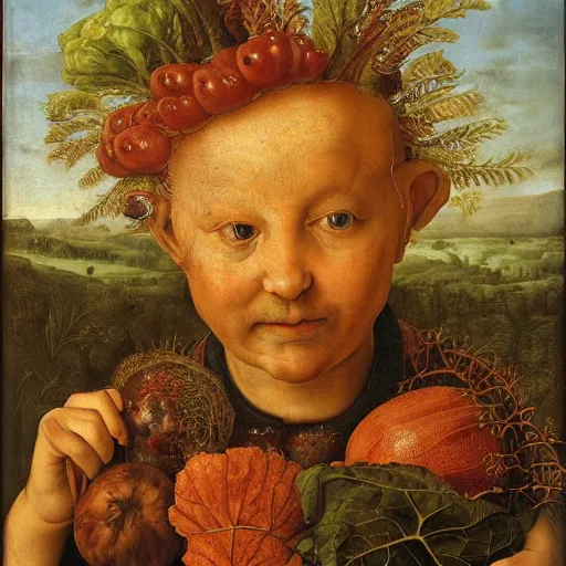 Image similar to a boy sitting in a tub full of tomato sauce, a lot of cabbage, by giuseppe arcimboldo and ambrosius benson, renaissance, portrait, fruit, intricate and intense oil paint, realistic