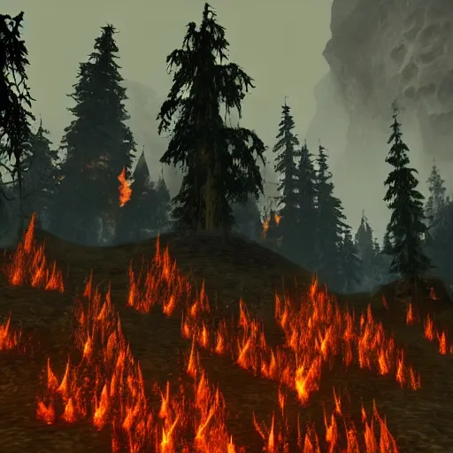 Image similar to a stunning screenshot of a magma forest with fire trees in Skyrim