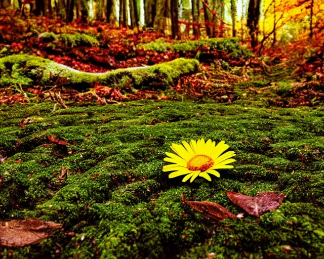 Image similar to dream a daisy in a forest, moss, autumn, warm colors, photography, depth of field