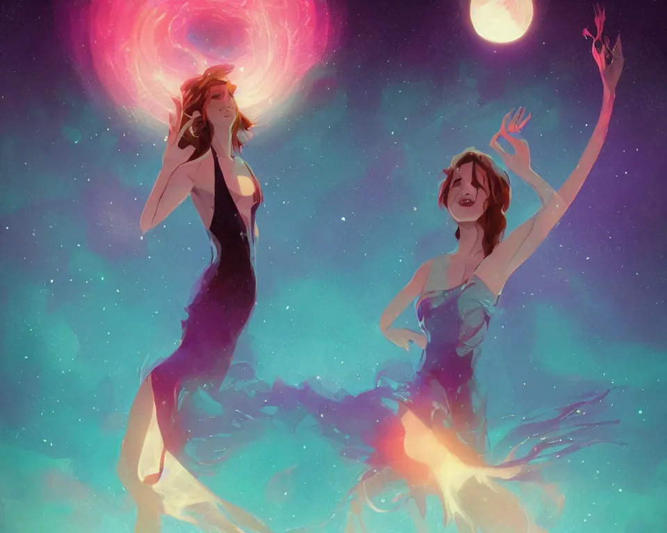 Image similar to beautiful fantastical girl standing in a lake basking in the moonlight, casting a spell, underneath a multi-colored binary blackhole with an accretion disc, glowing trails following her arms, wearing professional makeup, synthwave, by Lois van Baarle, by Greg Rutkowski, by artgerm, by beeple, by studio ghibli, cinematic angle, volumetric lighting, 4k resolution, octane render, trending on artstation, masterpiece