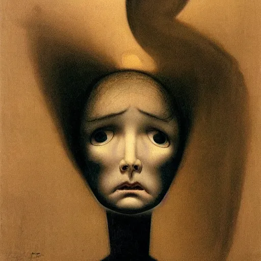 Prompt: in a dark bedroom sits an uncanny lonely ominous porcelain doll with cracks along it's face, by junji ito gerald brom by henry fuseli by zdzisław beksinski