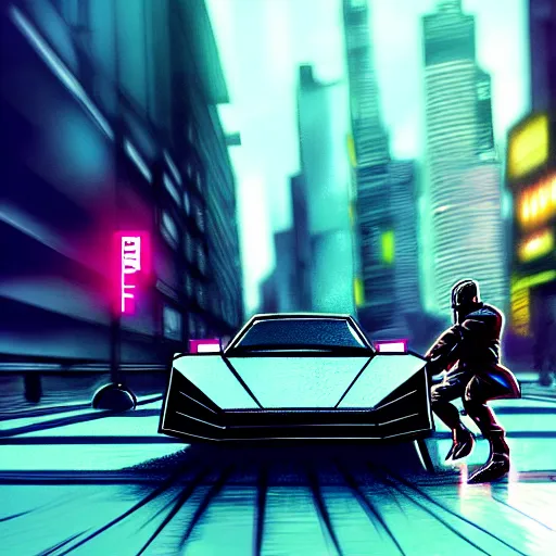 Image similar to cyberpunk dodging a moving car, highly detailed, in the style of greg rutkowski