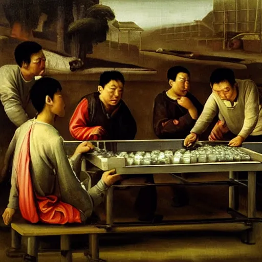 Image similar to renaissance oil painting of exploited chinese workers in an iphone manufacturing plant