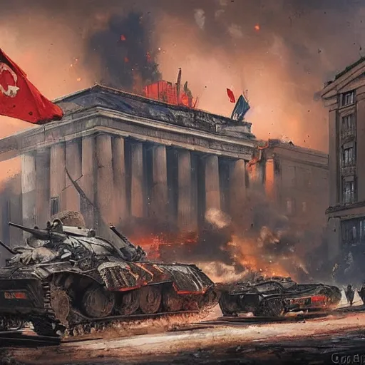 Image similar to berlin been destroyed by the soviet arteries in 1 9 4 4 in one of the soviet armies raising the soviet flag in the background by greg rutkowski