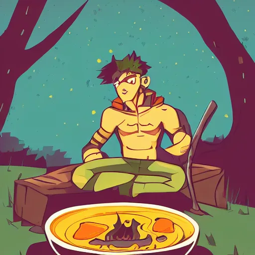 Prompt: A jojo character sitting at a campfire enjoying a bowl of soup at night in a forest, digital art, wide shot, low polygon